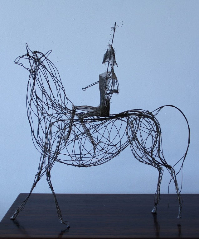 A unique wire sculpture of horse and rider which appears to be Don Quixote. Unsigned. From the collection of Louise Walker McCannel.