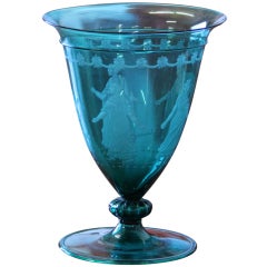Murano Venetian Green Glass Vase with Etched Classical Figures
