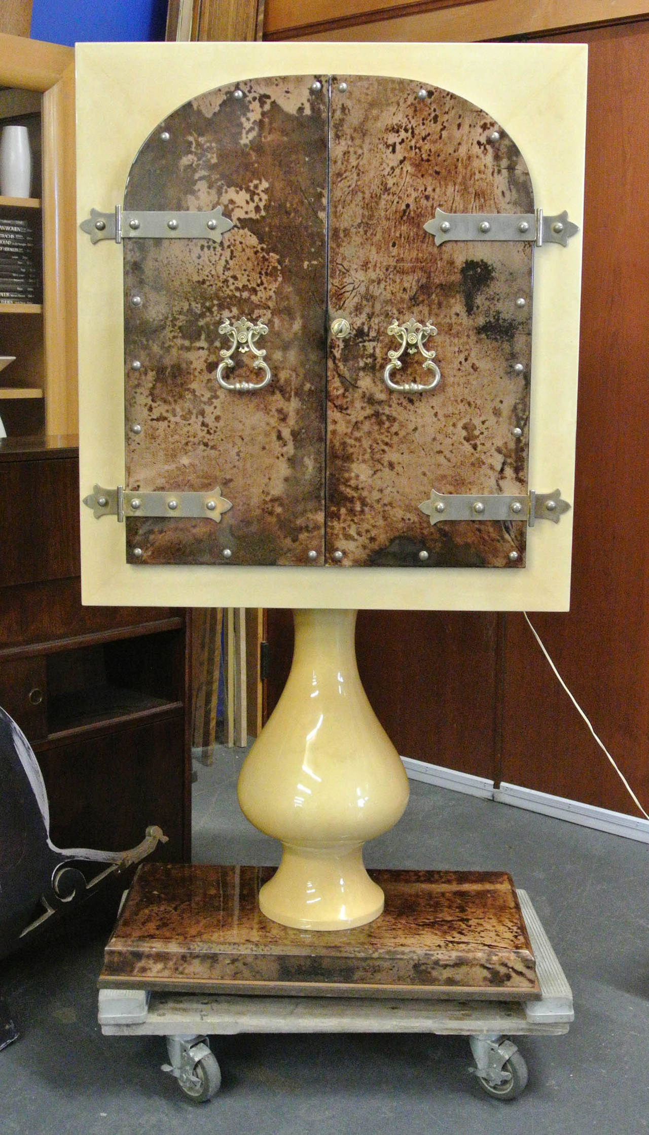 Unusual Aldo Tura Lacquered Goatskin Pedestal Bar Cabinet