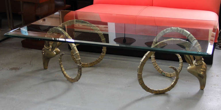 Unknown Brass Ibex or Gazelle Glass Top Coffee Table