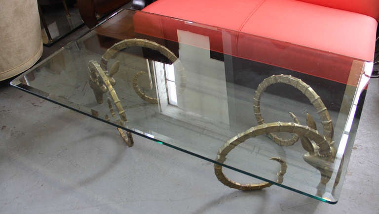 Late 20th Century Brass Ibex or Gazelle Glass Top Coffee Table