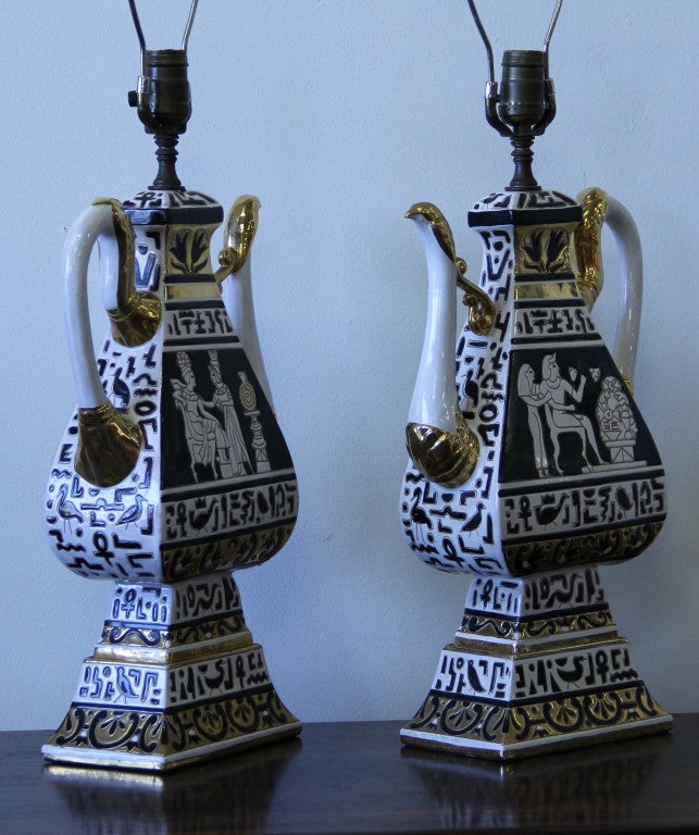 Mid-20th Century Pair of Italian Pottery Egyptian Revival Table Lamps