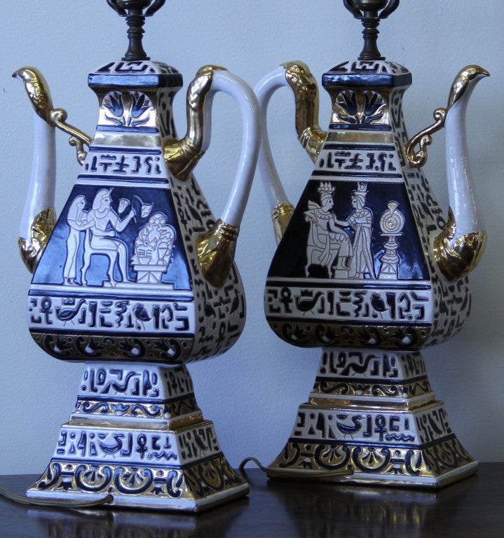 Pair of Italian Pottery Egyptian Revival Table Lamps 1