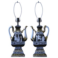 Pair of Italian Pottery Egyptian Revival Table Lamps