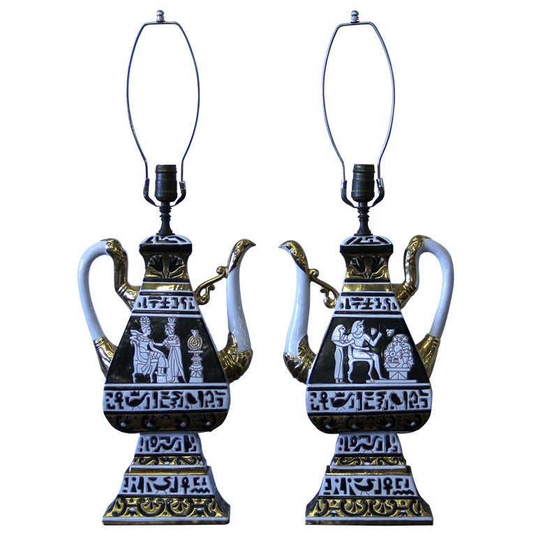 Pair of Italian Pottery Egyptian Revival Table Lamps