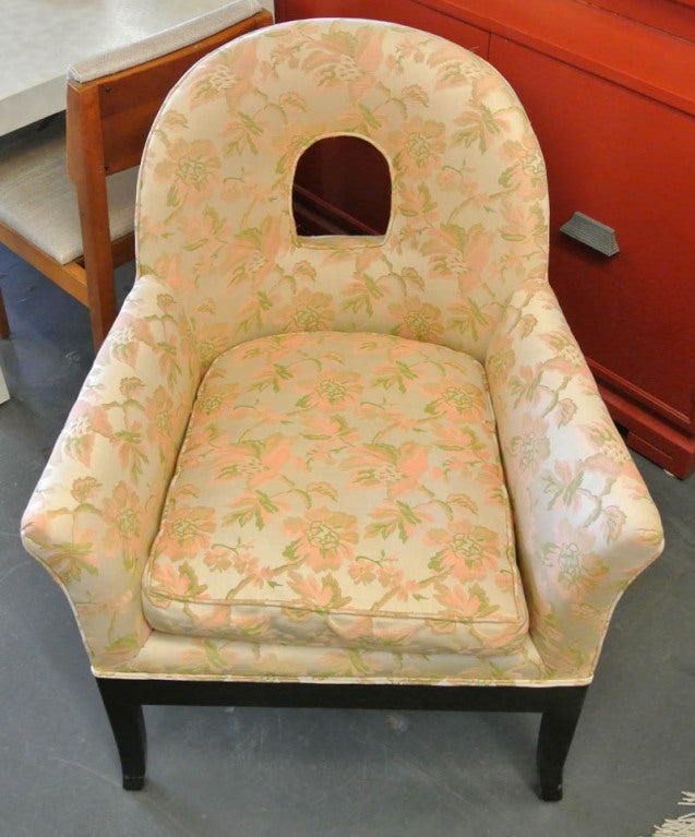On offer a unique 1940's Grosfeld House style lounge chair with open arched window pane back. Down feather filled loose cushion and generous depth make this a very comfortable chair.