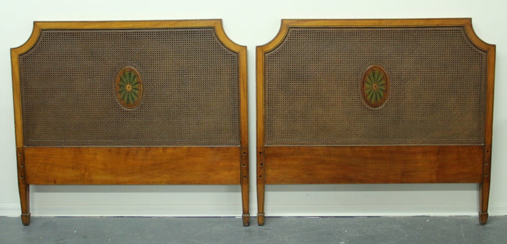 Cane Pair of Exquisite George III Style Edwardian Satinwood Twin Beds