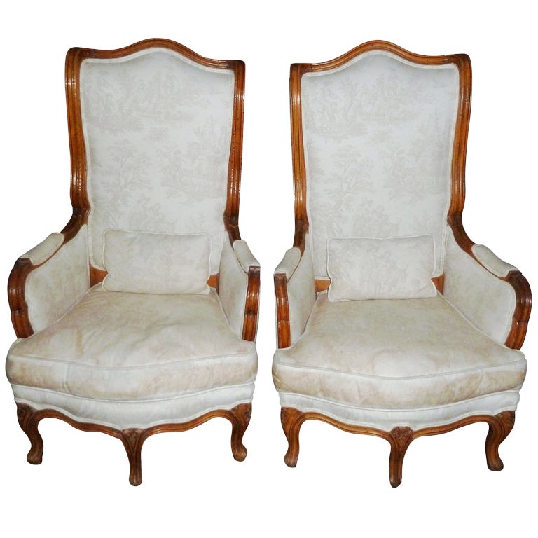 Pair of 18th C Louis XV French Fruitwood Bergeres For Sale