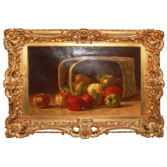 Antique Still Life With Basket Of Apples Oil On Canvas By Wlliam Merritt Chase