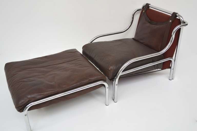 Pair of armchairs with 2 puffs, model Stringa - designer Gae Aulenti - Poltronova 1972, with original leather