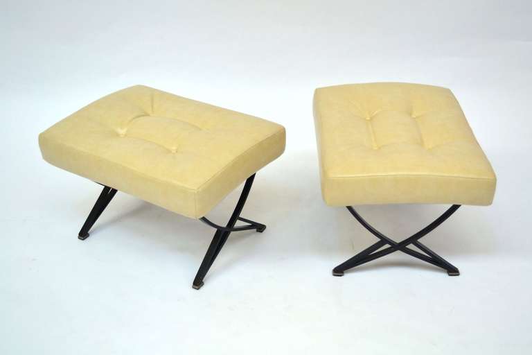 Pair of ottomans Formanova 50s, black lacquered metal structure and seat ivory