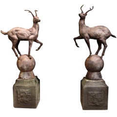 A pair of Cast Iron Stags on stone pedestals