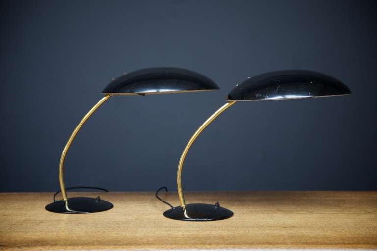 A rare pair of original Bauhaus table lamps, model 6781, manufactured by Gebr. Kaiser & Co. Leuchten GmbH (Kaiser Idell), Neheim-Hüsten, Germany, in the 1930s.
The design is attributed to the Bauhaus master Christian Dell (Germany , 1893 - 1974 )