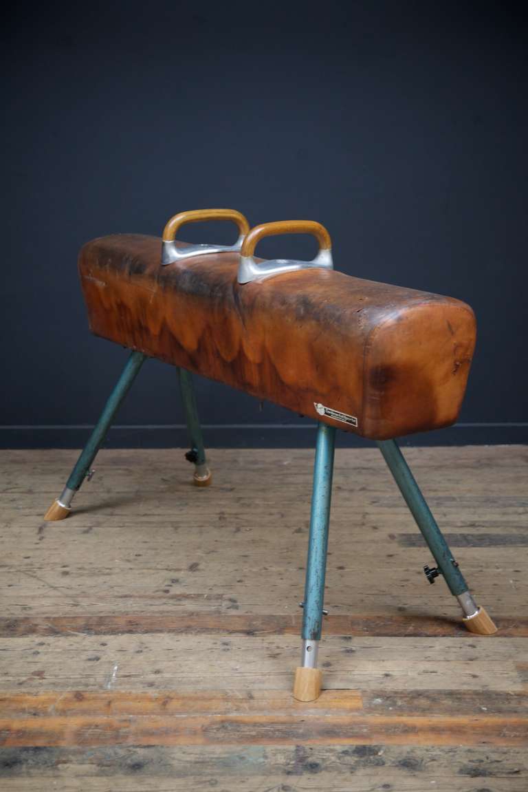 A leather gymnastic pommel horse.
Steel adjustable legs, alloy and timber handles.
Some ols repairs to the leather, comsumate with use.
English late 1950s.