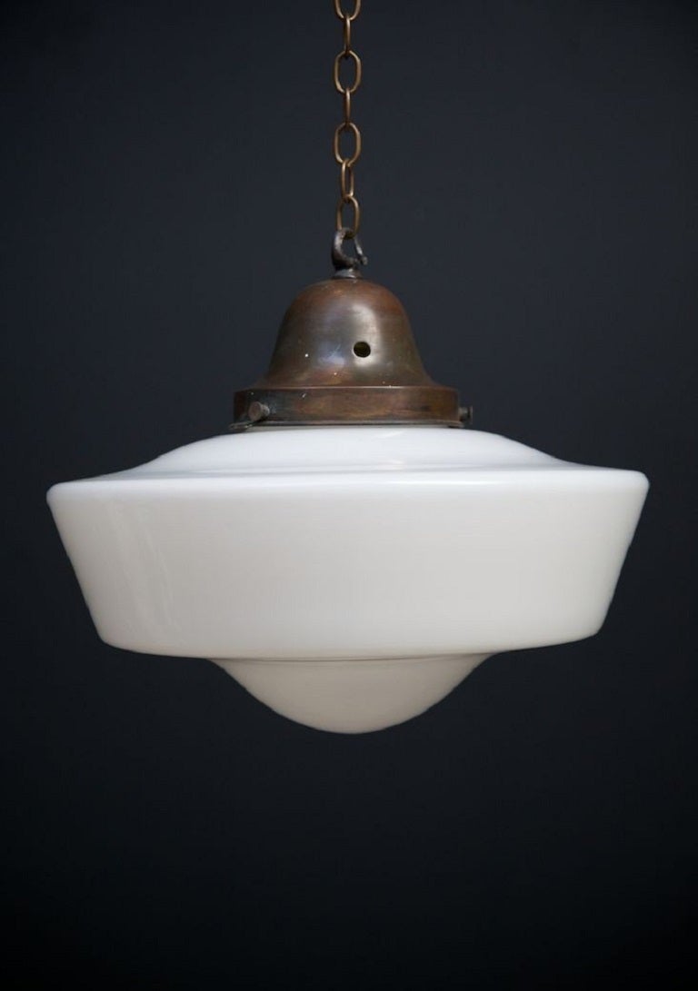 Single Opaline glass pendant light with factory original pressed copper vented gallery. 

English circa 1860. 

Rewired and PAT tested, supplied with suspension chain and ceiling rose. 

H: 28 W: 35 CM