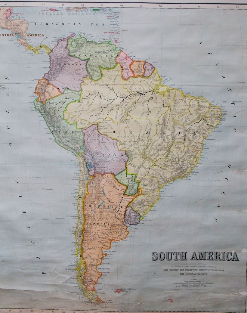 A pair of large pull down school maps of North and South America. 

Original back board with spring loaded bronze winder. 

Marked–London: Edward Stanford Ltd, Long Acre WC. November 1925 

Stanford Geographical Establishment, Large School