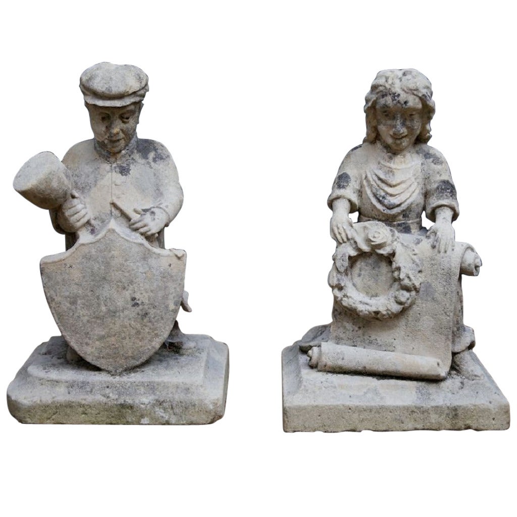 Mason, Wreath and Scroll Carved Stone Figures For Sale