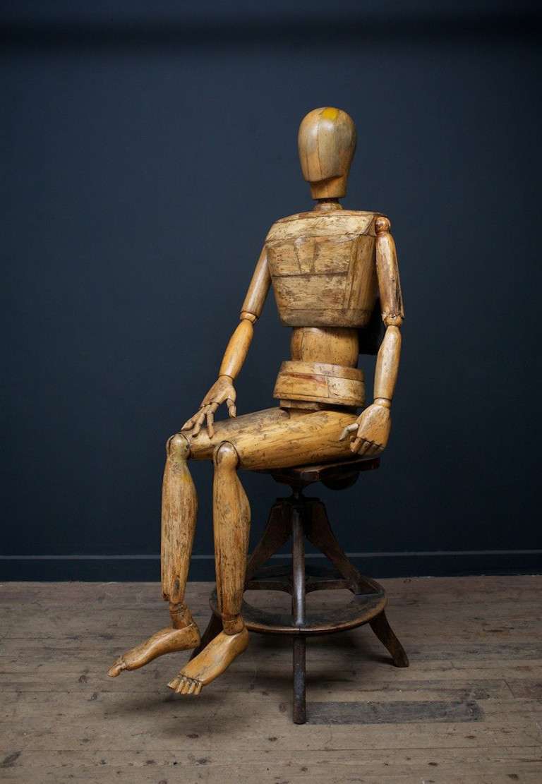 A extrodinary life sized articulated male shop display mannequin.
Primitive manufacture and finish, masculine form to the face and chest.
American Circa 1900.
Height: 184 cm Width: 40 cm Depth: 23 cm