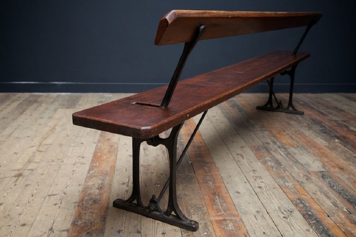 Chapel benches. 

Cast iron supports with pitch pine seat and back rest. 

Untouched factory condition. 

English 1870s. 

Five Available, price is per bench. 

H:77 W:244 :34 CM