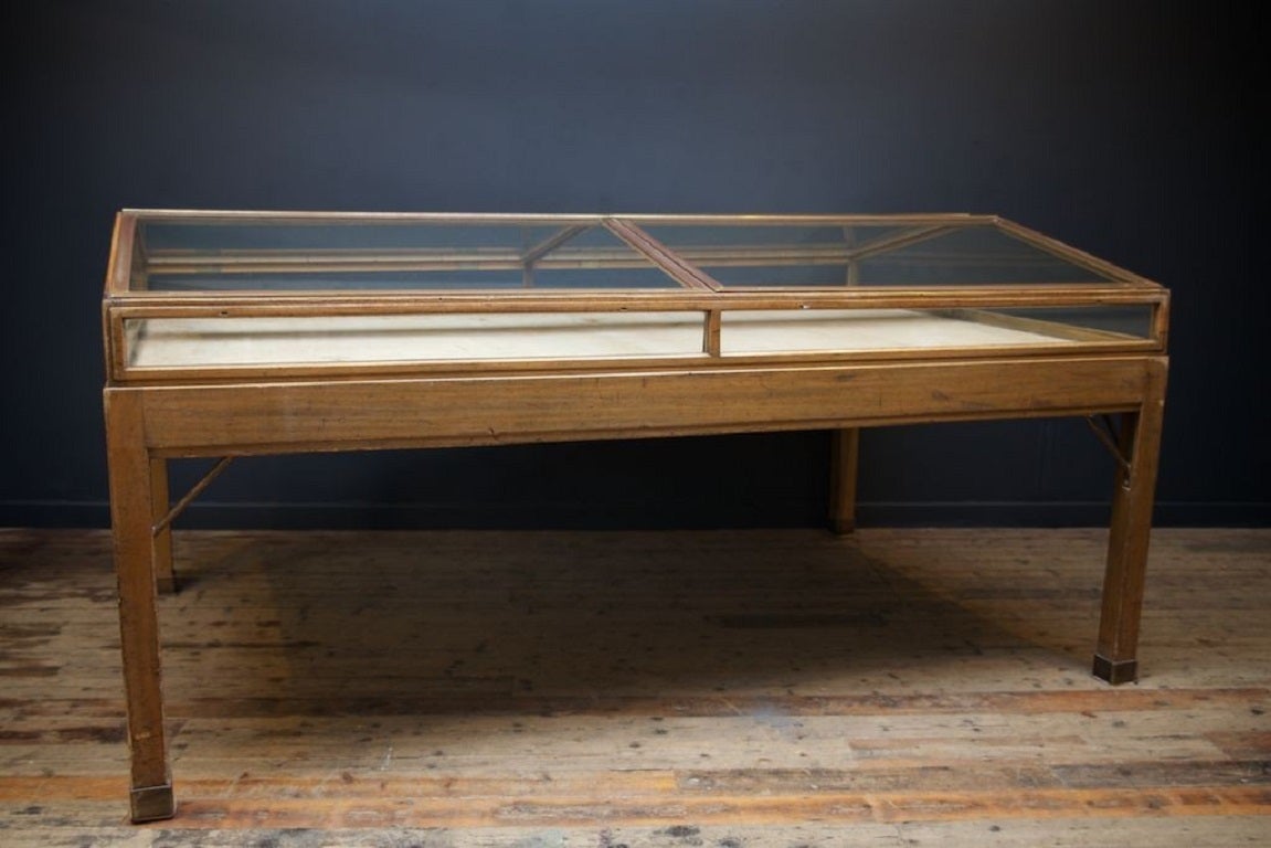 Sarcophagus museum display cabinet on stand. 

English oak base and frame with four lockable glazed phosphor bronze batwing doors to large central display area, bronze feet to the square leg. 

Two available, price is per cabinet. 

English