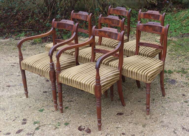 Pretty set of 8 Regency mahogany dining chairs, six singles and two armchairs. They are made of good solid mahogany with a flame mahogany section in the back rest. 
English circa 1820