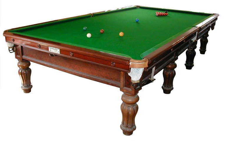 19th century full size antique billiard table / antique snooker table, by the Royal Appointment London makers Burroughes and Watts £8,500.

This is a very good table indeed. It is made of the best cuts of dense grained mahogany from south America