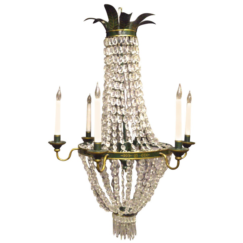 Antique Painted Metal And Cut Lead Crystal Glass Chandelier