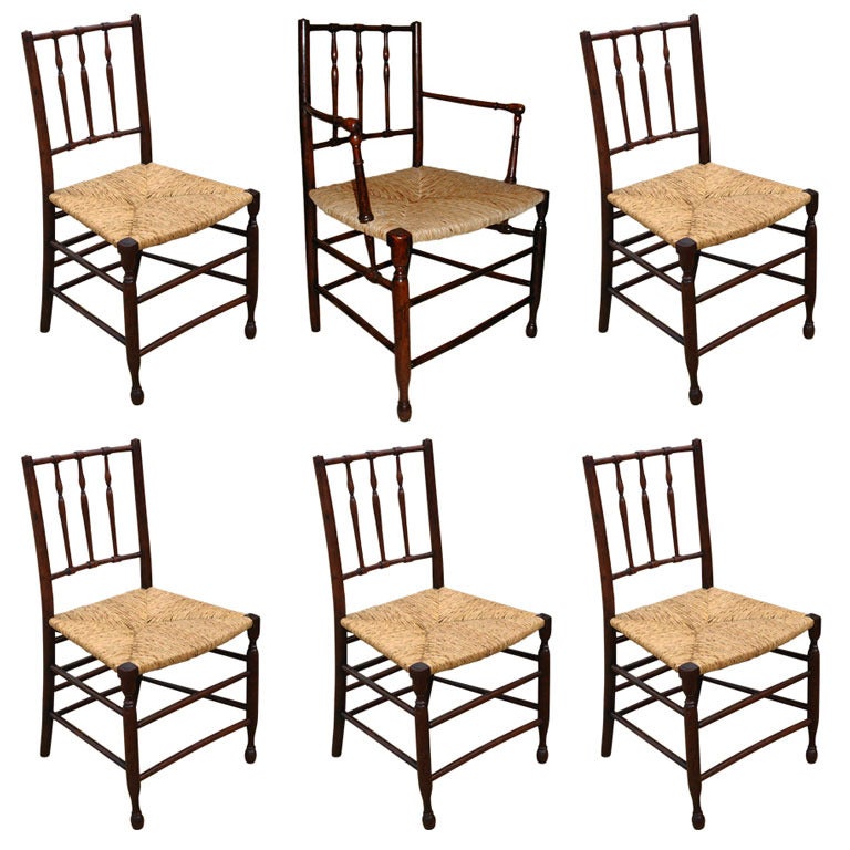 Set of 6 Antique Yew Wood Dining Chairs