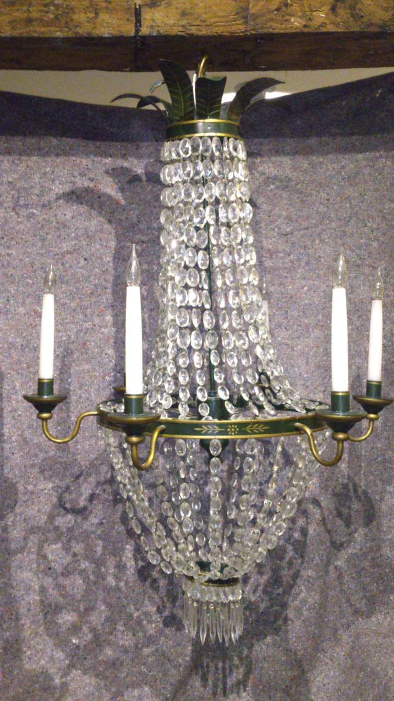 Victorian Antique Painted Metal And Cut Lead Crystal Glass Chandelier