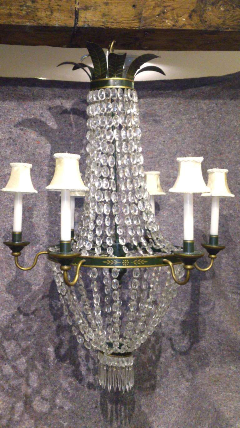 French Antique Painted Metal And Cut Lead Crystal Glass Chandelier
