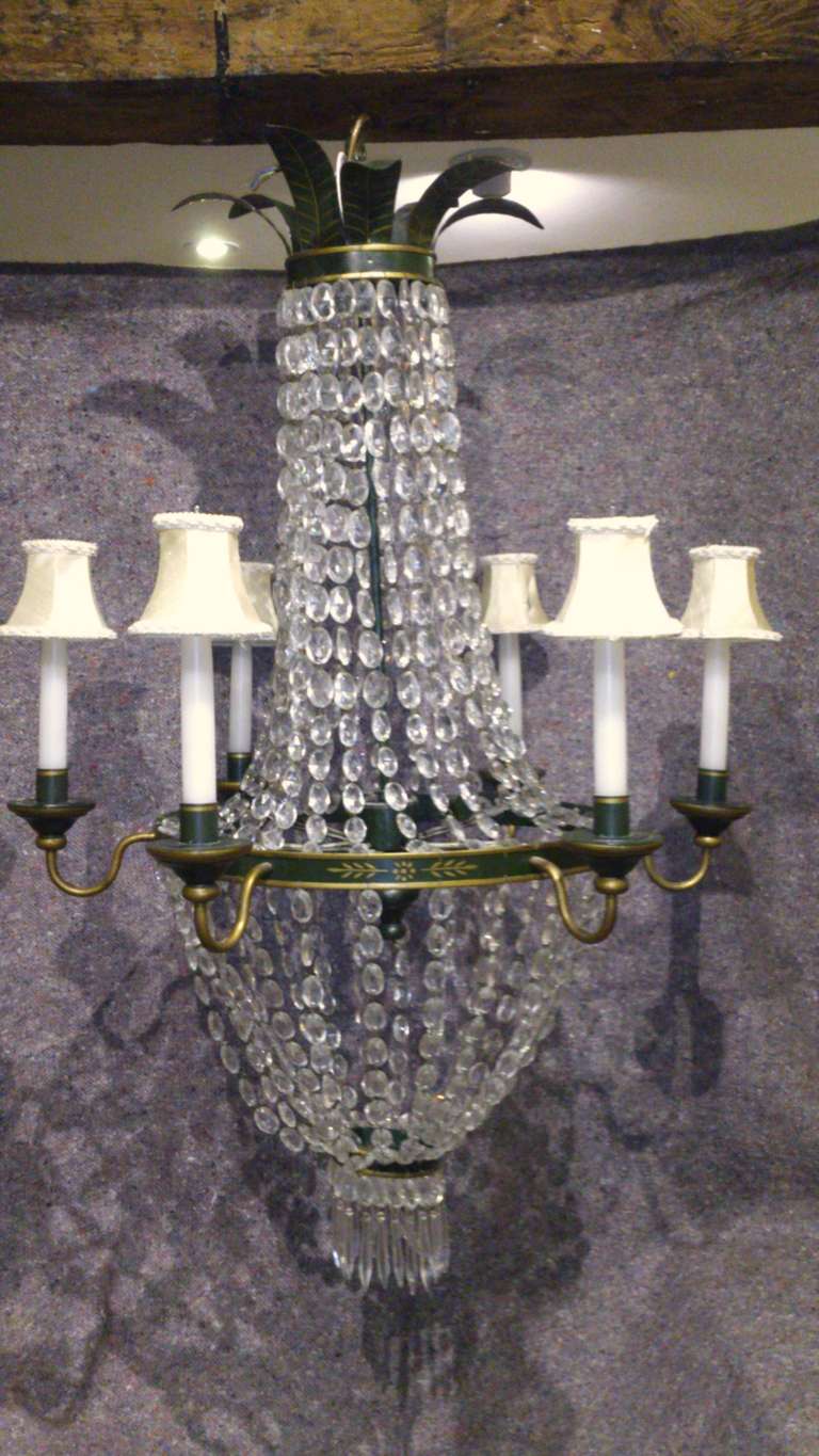 Antique Painted Metal And Cut Lead Crystal Glass Chandelier In Excellent Condition In Gloucestershire, GB