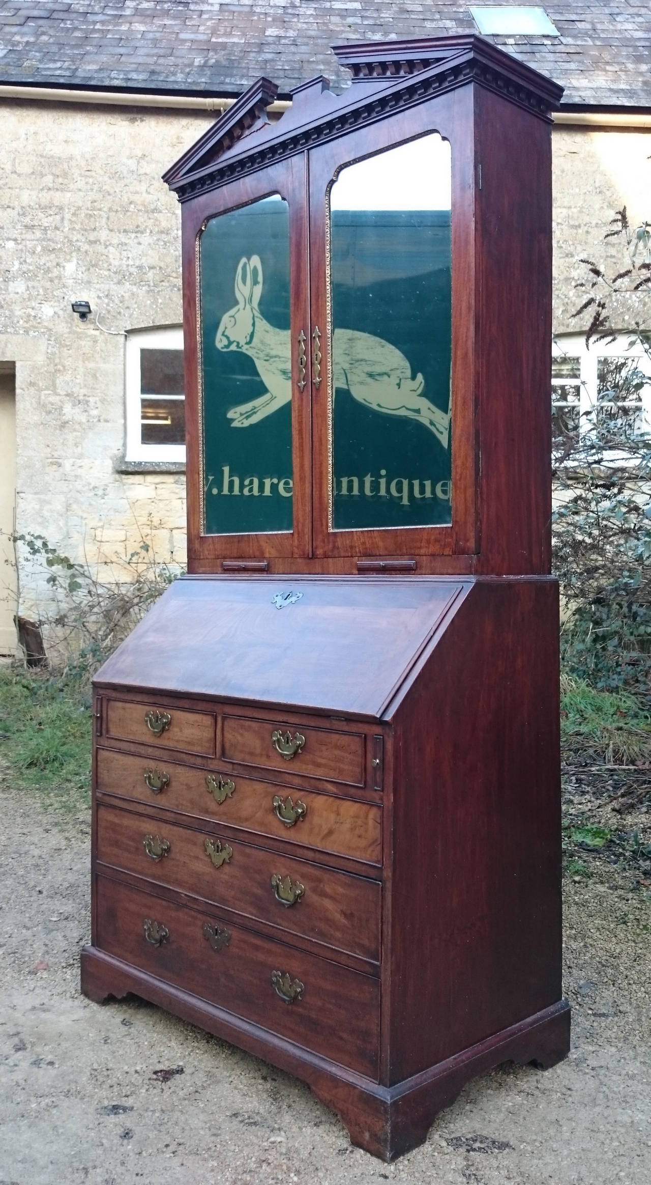 18th Century Early Antique Bureau Bookcase Made of Exceptional Mahogany For Sale