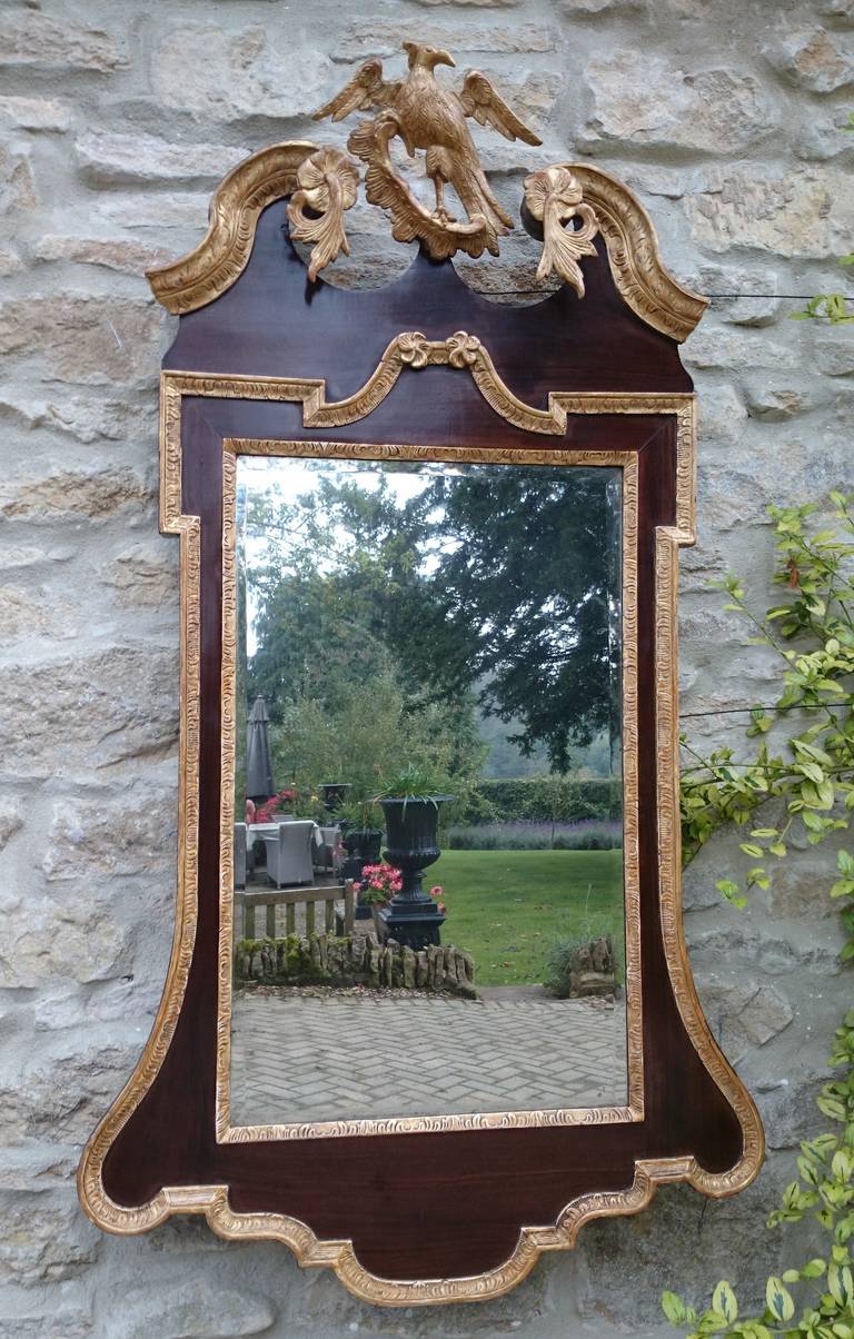 18th century antique mirror made of mahogany with carving and gilding and bevelled glass. This is a good early mirror with precise carving and good quality mahogany. The photographs do not do it justice. 

English circa 1750 

47