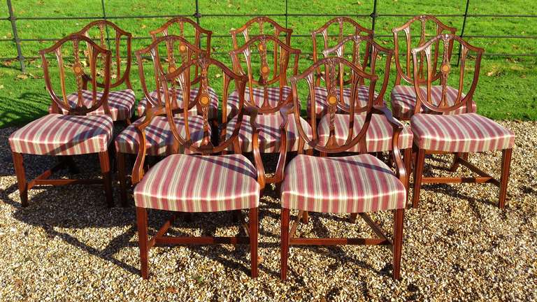 Set of 12 nineteenth century antique dining chairs after a design by Thomas Hepplewhite. These are very well constructed chairs in the eighteenth century manner, with tenon jointed frames and proper corner stretchers. They are made of the finest
