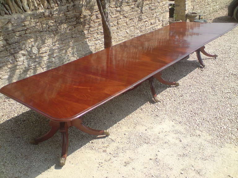 Very fine quality mahogany three pillar antique dining table with original leaves and with wonderful untouched colour and patination standing on three four splay bases and with interesting dove tail brass clips. English or Irish circa 1820