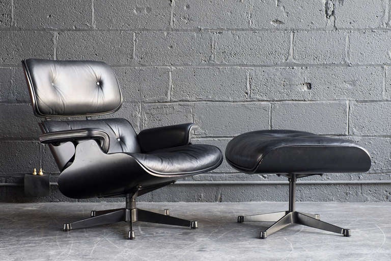 Italian Rare Black-on-Black Eames Lounge Chair & Ottoman