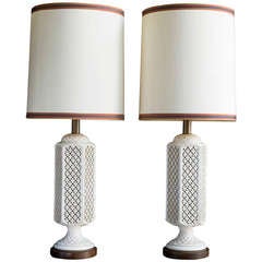 Pair of Ceramic Latticework Lamps