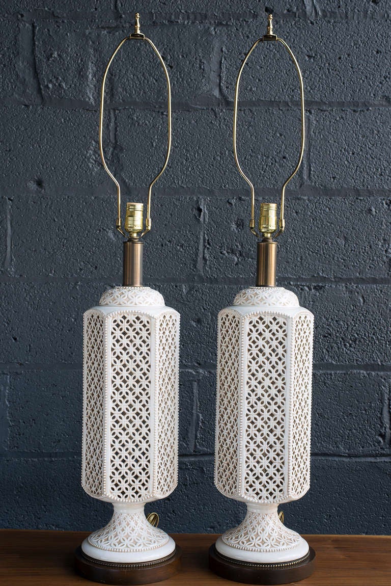 Pair of Ceramic Latticework Lamps 1