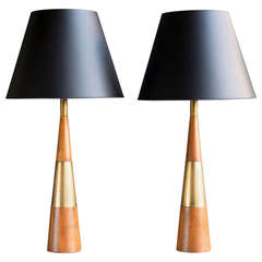 Wood & Brass Cone Lamps by Tony Paul