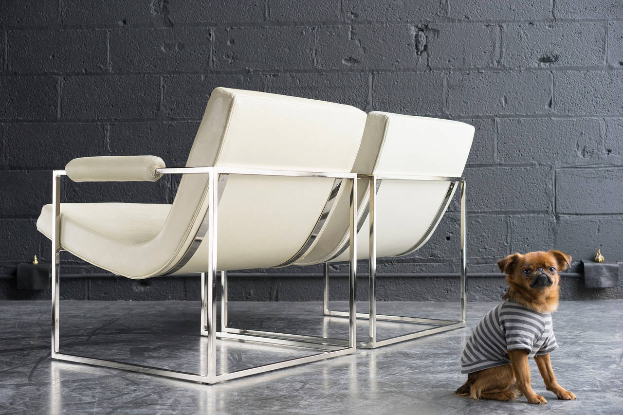 Original, supple, white leather upholstery. Bright polished steel frames. Light, airy, and comfortable.