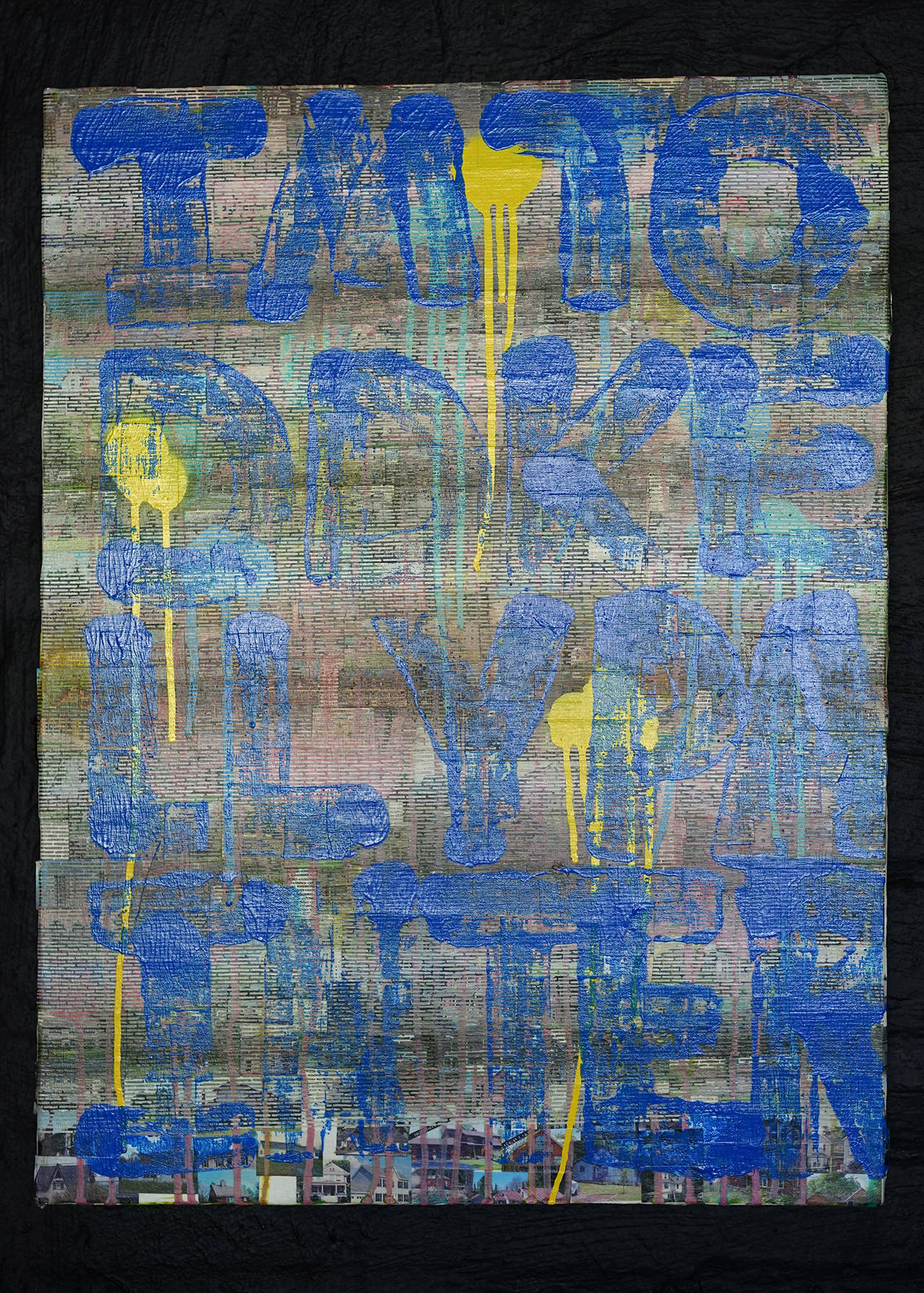 From left to right:

Untitled (Signature Painting), 2009.
Oil, spray, paint, collage on canvas.
Dimensions: 24