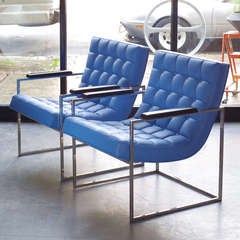 Milo Baughman Blue Leather Chairs