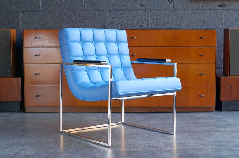 Mid-20th Century Milo Baughman Blue Leather Chairs