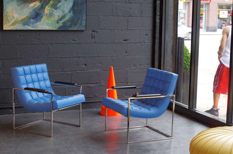 American Milo Baughman Blue Leather Chairs