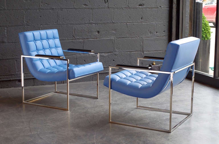 Milo Baughman Blue Leather Chairs In Excellent Condition In Brooklyn, NY