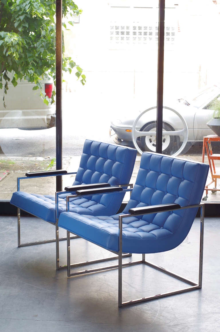 Milo Baughman Blue Leather Chairs 2