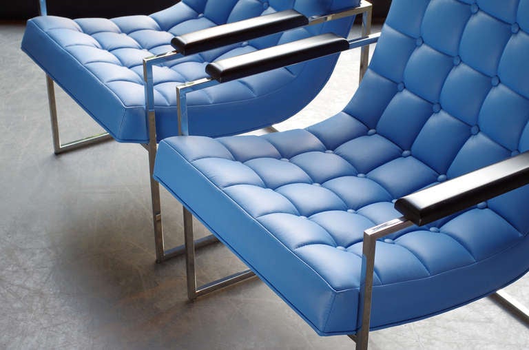Mid-Century Modern Milo Baughman Blue Leather Chairs