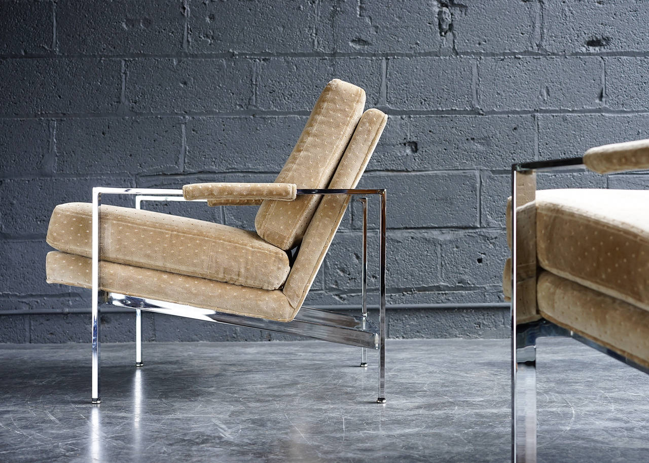 Velvet and Steel Lounge Chairs by Milo Baughman 1