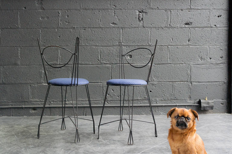 Welded metal frames with original black finish. New seats upholstered in Knoll cross stitch. Petite scale, sturdy construction, charming form.