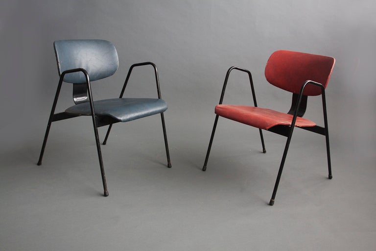 Pair of metal armchairs in red and blue original fabric.